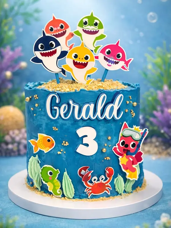 Torta azul de Baby Shark con peces y nombre Gerald, 3 años